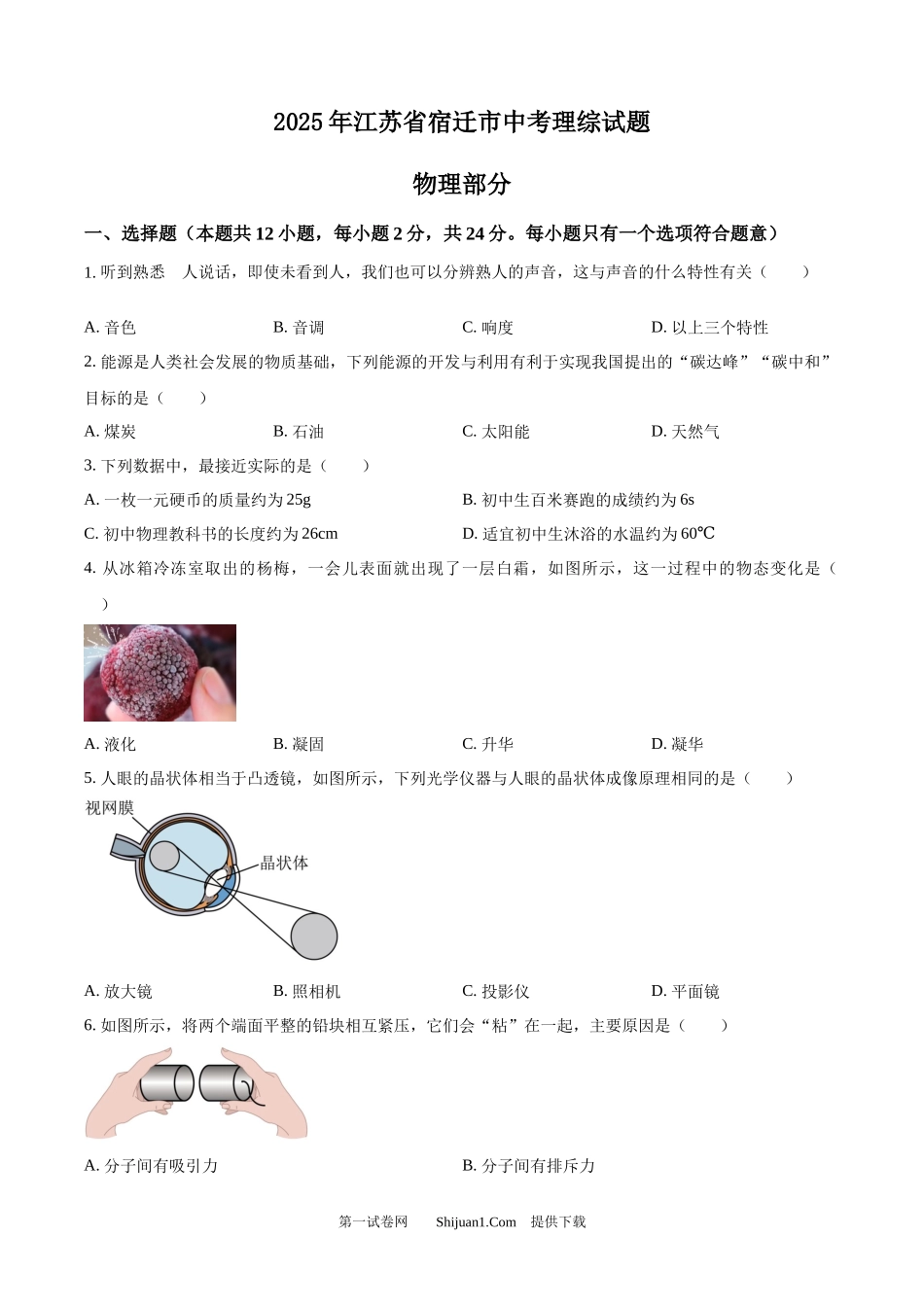 2025年江苏省宿迁市中考物理试题.docx_第1页