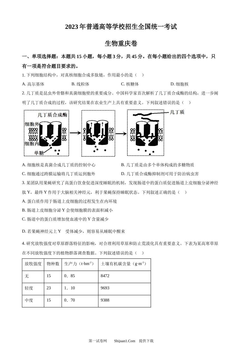 2023年高考生物试卷（重庆）.docx_第1页