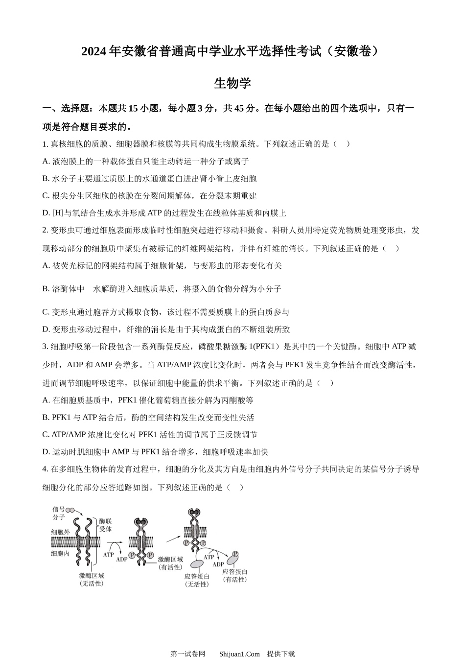 2024年高考生物试卷（安徽）.docx_第1页