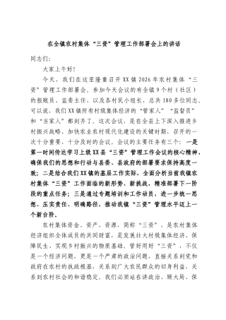 在全镇农村集体“三资”管理工作部署会上的讲话.docx