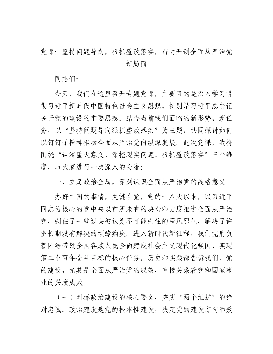 2026年党课：坚持问题导向，狠抓整改落实，奋力开创全面从严治党新局面.docx_第1页