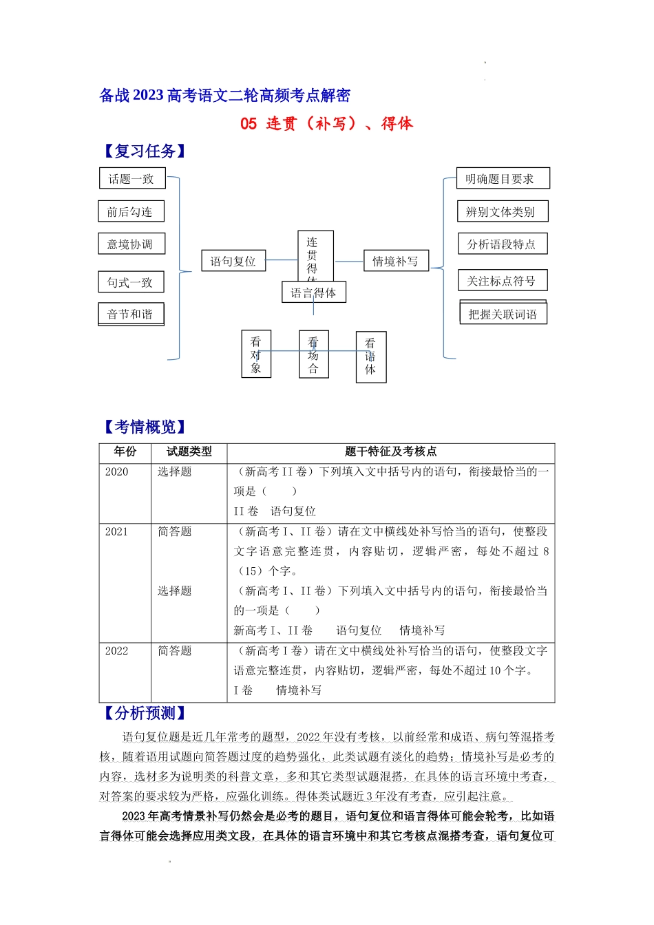 解密05 连贯（补写）、得体（分层训练） 高考语文二轮复习课件+分层训练（新高考专用）（原卷版）.docx_第1页