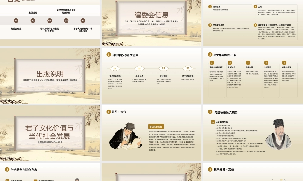 浅棕米黄国风君子文化论坛论文集山水 .pptx