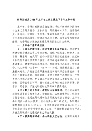 XX州财政局2026年上半年工作总结及下半年工作计划.doc