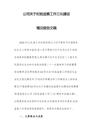 公司关于纪检监察工作三化建设情况报告文稿.docx