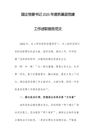 国企党委书记2025年度抓基层党建工作述职报告范文.docx