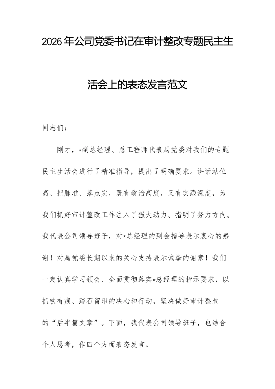 2026年公司党委书记在审计整改专题民主生活会上的表态发言范文.docx_第1页