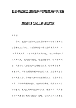 书记在新任职干部任前集体谈话暨廉政谈话会议上的讲话范文.docx