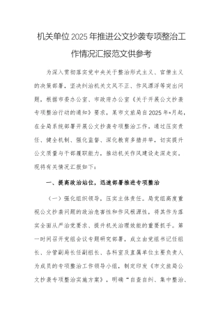 机关单位2025年推进公文抄袭专项整治工作情况汇报范文供参考.docx