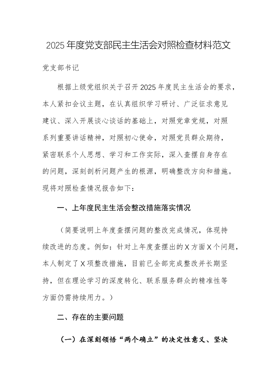 2025年度党支部民主生活会对照检查材料范文.docx_第1页
