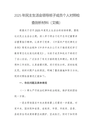 两篇：2025年民主生活会领导班子成员个人对照检查剖析材料（文稿）.docx