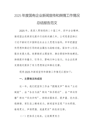 2025年度国有企业新闻宣传和舆情工作情况总结报告范文.docx