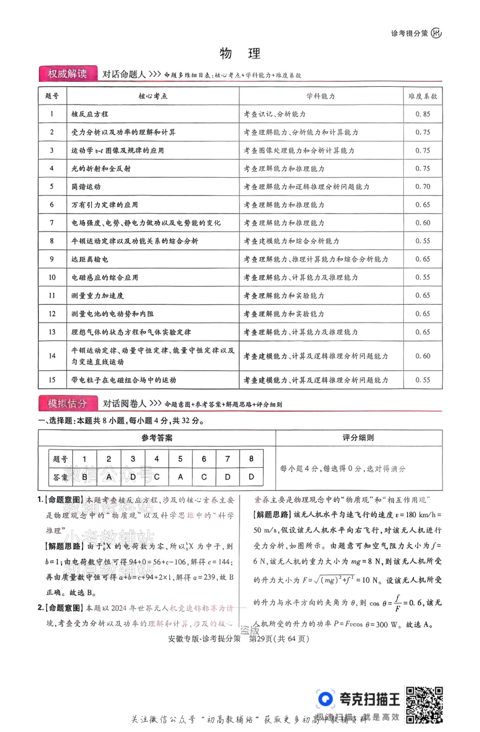 【物理答案】王后雄2025高考押题预测卷（安徽专版）.pdf_第1页