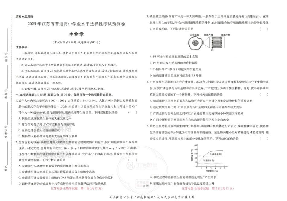 2025版《高考押题预测卷》（江苏专版） 生物.pdf_第1页