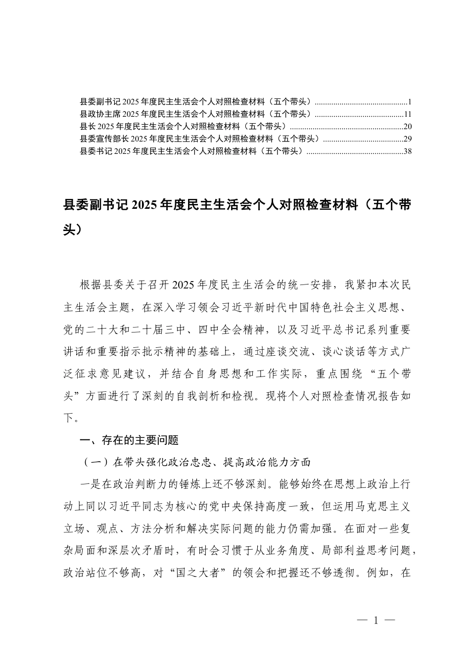 一把手2025年度民主生活会个人对照检查材料（在带头强化政治忠诚、提高政治能力方面五个带头）.docx_第1页