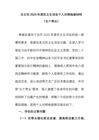 办主任2025年度民主生活会个人对照检查材料（五个带头）.docx