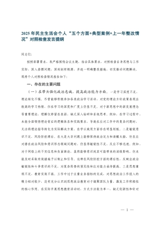 2025年民主生活会个人“五个方面+典型案例+上一年整改情况”对照检查发言提纲范文.docx