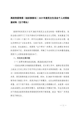 高校党委(组织部部长)2025年度民主生活会个人对照检查材料(五个带头).docx