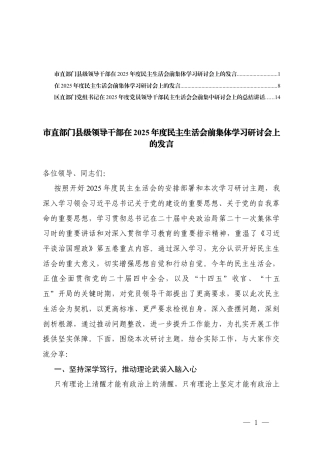 领导干部在2025年度民主生活会前集体学习研讨会上的发言、党员领导干部民主生活会会前集中研讨会上的总结讲话.docx