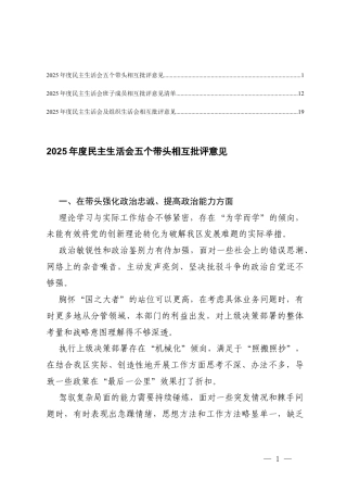 2025年度民主生活会个人、班子成员相互批评意见清单.docx