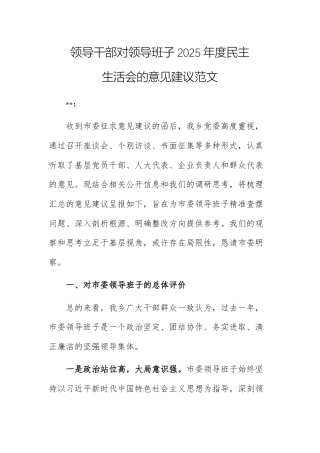 领导干部对领导班子2025年度民主生活会的意见建议范文.docx
