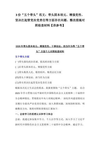 3份“五个带头”范文：带头固本培元、增强党性、坚决扛起管党治党责任等方面存在问题、整改措施对照检查材料【供参考】.docx