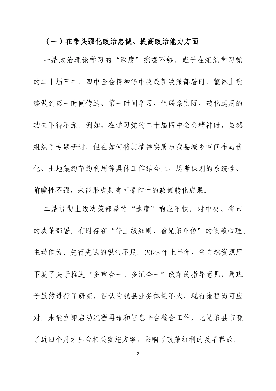 2025年度民主生活会领导班子对照检查材料（带案例）3篇.docx_第2页