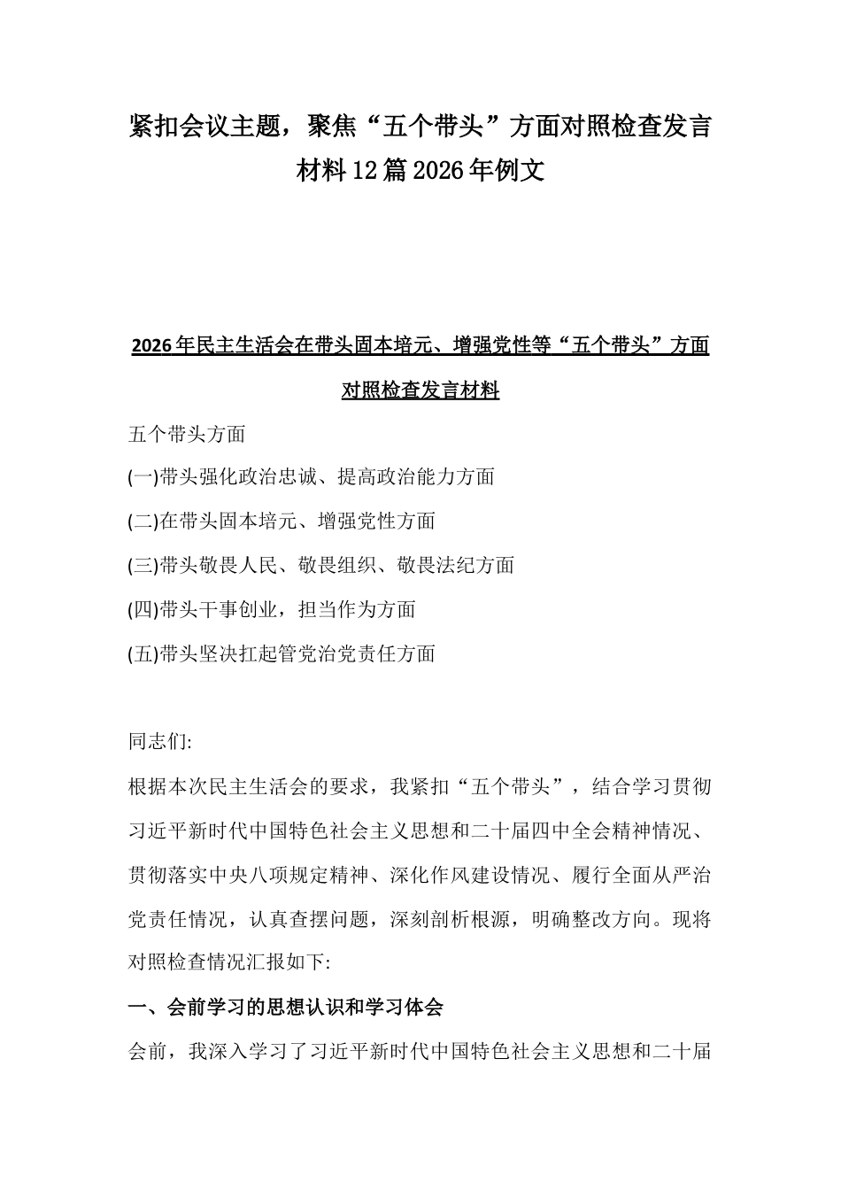 紧扣会议主题聚焦“五个带头”方面对照检查发言材料12篇2026年例文.docx_第1页