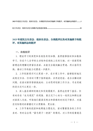2025年度民主生活会、组织生活会自我批评以及对其他班子的批评对其他同志的批评+民主生活会、组织生活会互相批评意见建.docx