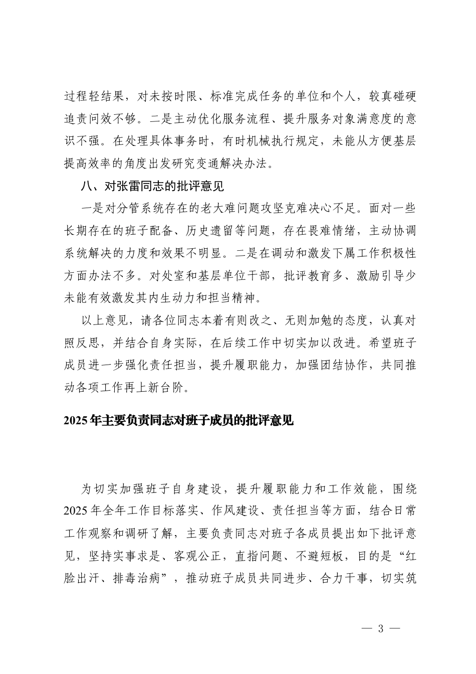 2025年主要负责同志对班子成员的批评意见+2025年主要负责同志对分管同志的批评意见.docx_第3页