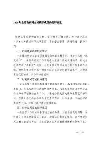 2025年主要负责同志对班子成员的批评意见+2025年主要负责同志对分管同志的批评意见.docx