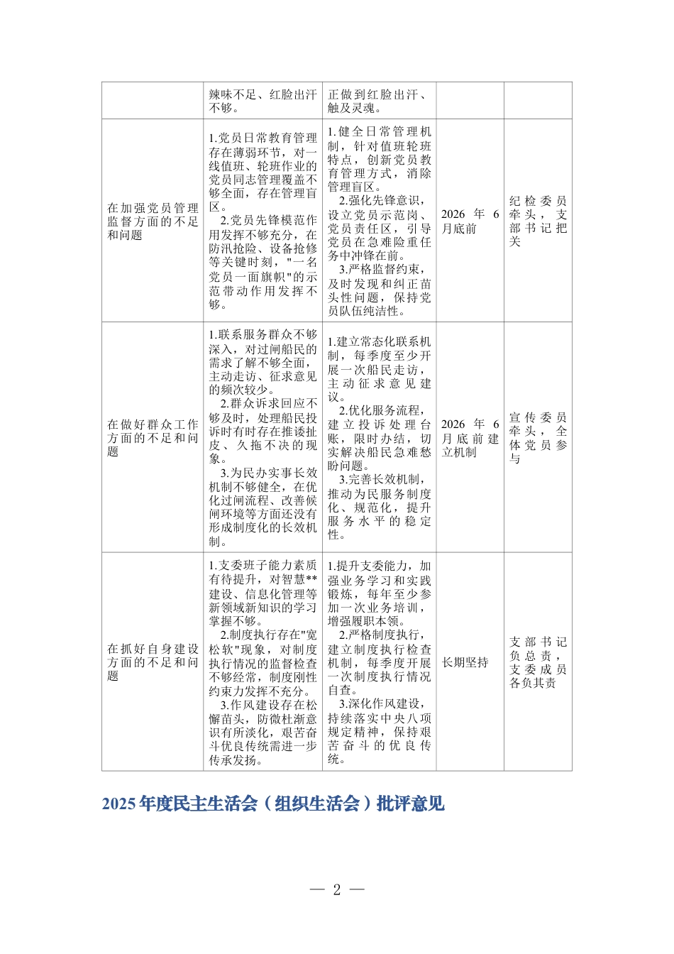 2025年组织生活会党支部问题整改清单+2025年度民主生活会（组织生活会）批评意见.docx_第2页