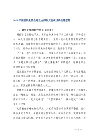 2025年度组织生活会对党支部及支委成员的批评意见+2025年组织生活会党员个人问题整改承诺书.docx