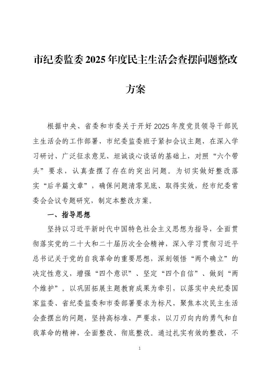 2025年度 民主生活会查摆问题整改方案两篇.docx_第1页