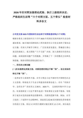 2026年在对照加强理论武装、执行上级组织决定、严格组织生活等“六个对照方面、五个带头”检查材料多份文.docx