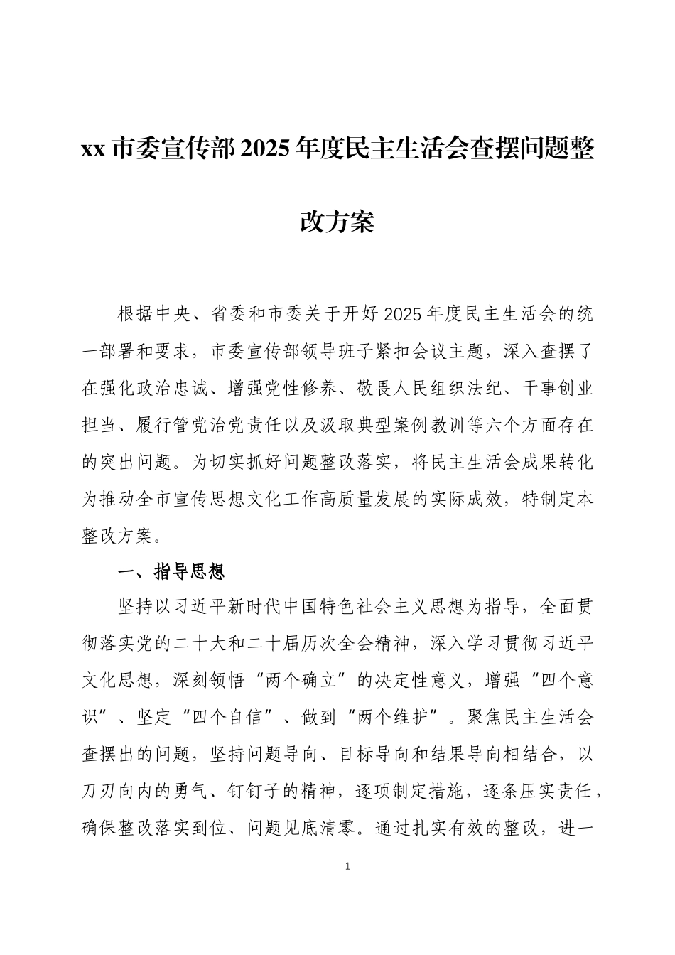 2025 年度民主生活会查摆问题整改方案两篇.docx_第1页