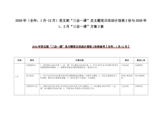 2026年（全年：1月-12月）党支部“三会一课”及主题党日活动计划表2份与2026年1、2月“三会一课”方案3套.docx