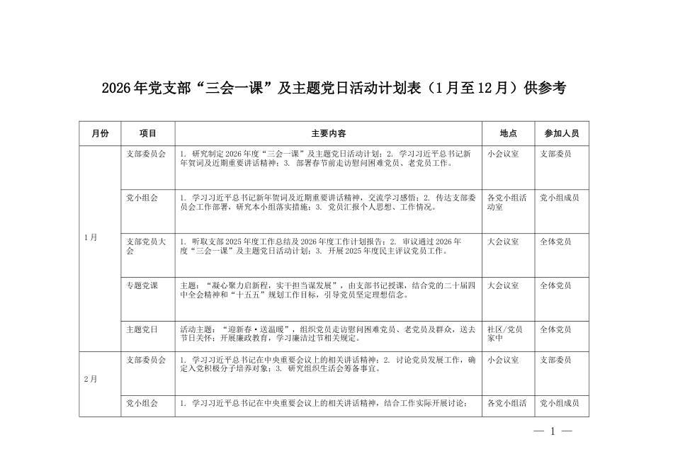 2026年党支部“三会一课”及主题党日活动计划表（1月至12月）供参考.docx_第1页