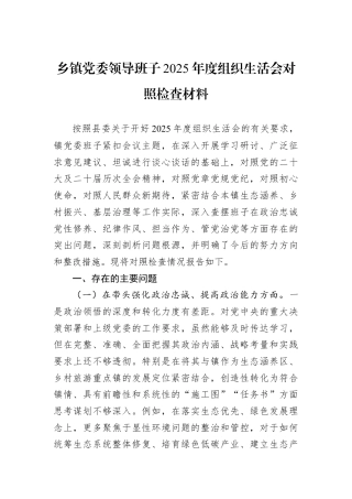 乡镇党委领导班子2025年度组织生活会对照检查材料.docx