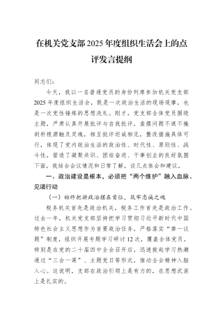 在机关党支部2025年度组织生活会上的点评发言提纲.docx