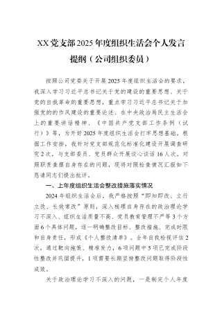 XX党支部2025年度组织生活会个人发言提纲（公司组织委员）.docx