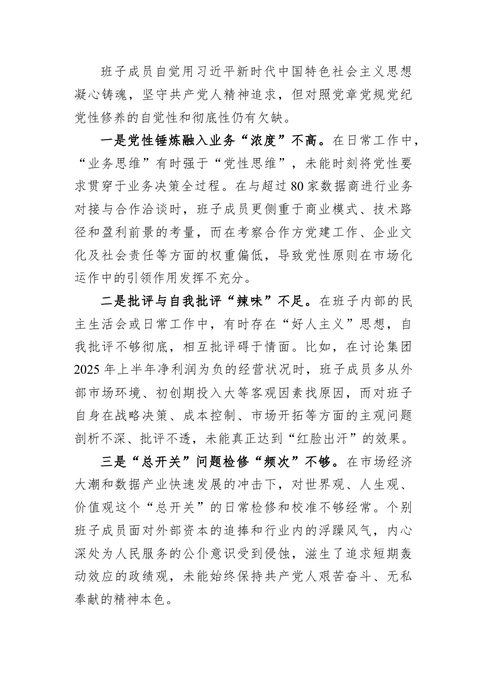 公司2025年度民主生活会领导班子对照检查材料.docx_第3页