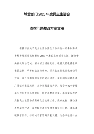 城管部门2025年度民主生活会查摆问题整改方案文稿.docx