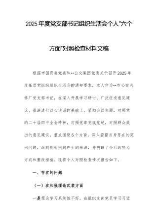 2025年度党支部书记组织生活会个人“六个方面”对照检查材料文稿.docx