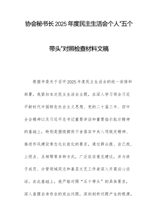 协会秘书长2025年度民主生活会个人“五个带头”对照检查材料文稿.docx