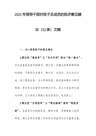 2025年领导干部对班子及成员的批评意见建议（62条）文稿.docx