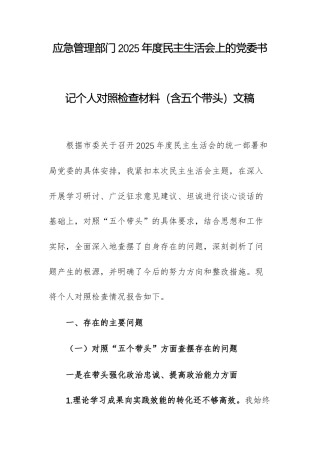 应急管理部门2025年度民主生活会上的党委书记个人对照检查材料（含五个带头）文稿.docx