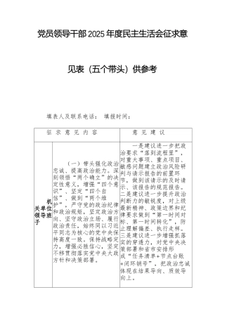 党员领导干部2025年度民主生活会征求意见表（五个带头）供参考.docx