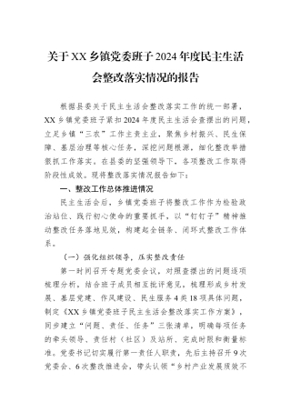 关于XX乡镇党委班子2024年度民主生活会整改落实情况的报告.docx