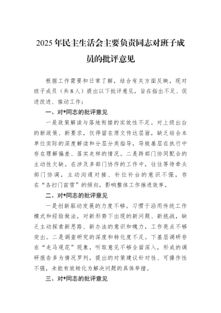 2025年民主生活会主要负责同志对班子成员的批评意见.docx